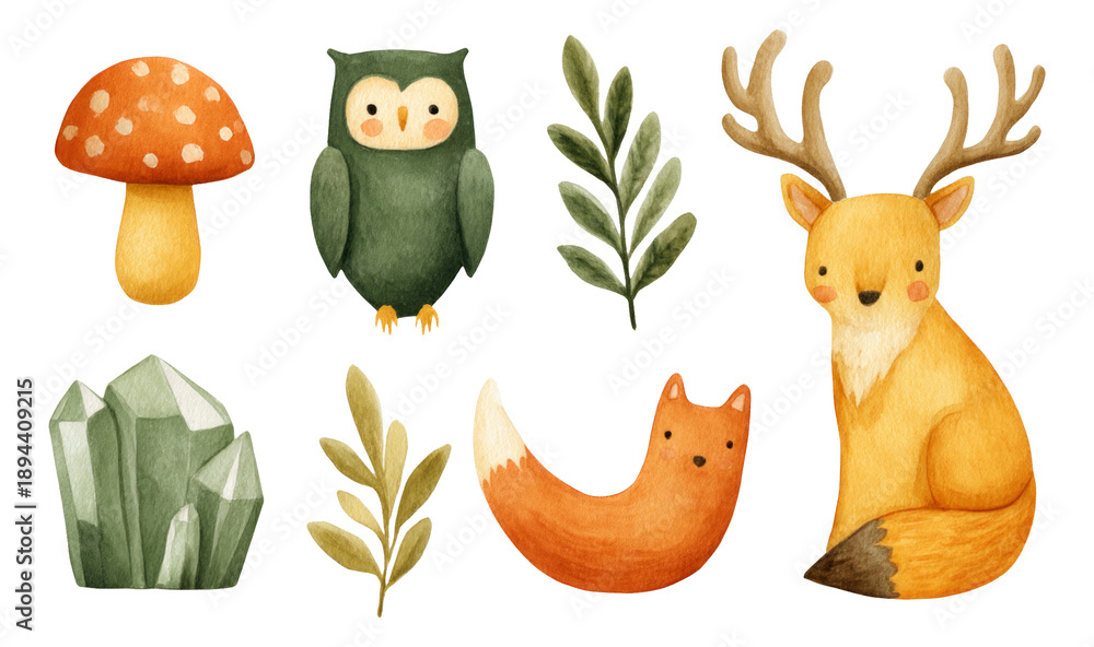 Obraz premium Whimsical Forest Creatures Watercolor Illustrations with Isolated Transparent Background