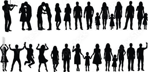 Black silhouettes of people and families in various poses, standing, walking, jumping and holding hands, representing lifestyle, diversity, relationships and human activity concepts