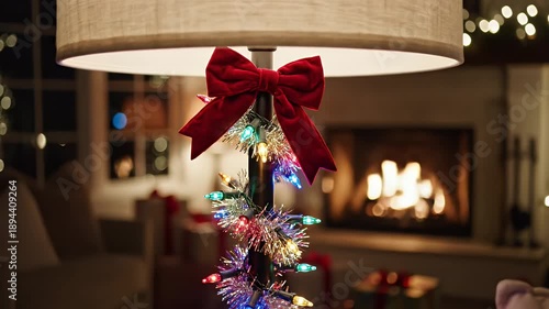 Wallpaper Mural Festive Lamp Adorned with Christmas Lights and a Red Bow in a Cozy Room. Torontodigital.ca
