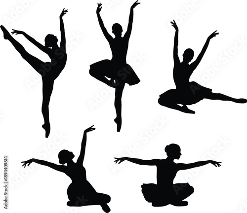 Collection of elegant ballet dancer silhouettes showcasing graceful poses, flexibility, balance, and artistic movement for classical dance training, performance, choreography, and creative design 