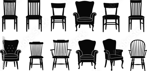 Collection of vintage chair silhouettes including wooden dining chairs and classic armchairs isolated on white background, furniture design set for interior and decor concepts