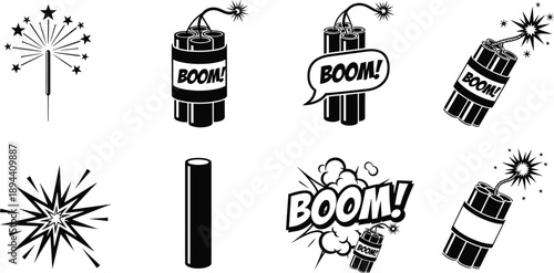 Comic explosion icons set with dynamite bombs, boom text effects, fireworks sparks, cartoon blast elements isolated on white background for graphic design use
