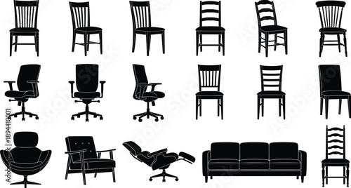 Collection of modern and classic furniture silhouettes including chairs, office chairs, armchairs, recliner, and sofa isolated on white background for interior design concepts