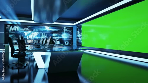 Wallpaper Mural Green Screen tv studio news room background blue newsroom bakground control backdrop for any or chroma key video production blurred of at station loop 3d rendering scene 4 with distortion, overlay Torontodigital.ca