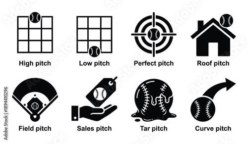A collection of baseball pitch types in vector format, representing different throwing styles and techniques.