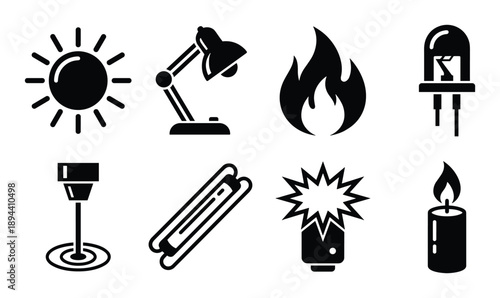 A collection of diverse light sources icons including sun, lamp, fire, LED, laser, tube light, bulb, and candle.
