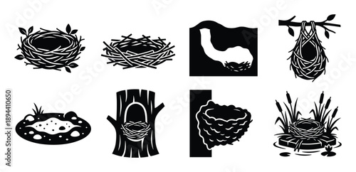 A collection of eight distinct bird nest illustrations, showcasing diverse building techniques and habitats.