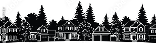 Modern suburban neighborhood skyline with family houses, trees, and garages, blue silhouette residential architecture illustration for real estate, housing development, and urban planning concepts