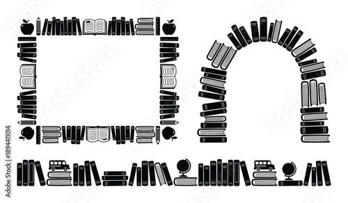 A school education frame with books, apple, school bus, and globe in vector format.