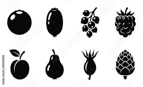 A set of berry and fruit glyph icons, including plum, pear, blueberry, raspberry, currant, pine cone.
