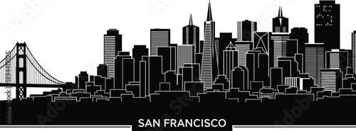 San Francisco city skyline silhouette vector illustration featuring Golden Gate Bridge, modern skyscrapers, urban architecture, night cityscape design, California landmark panorama on white background