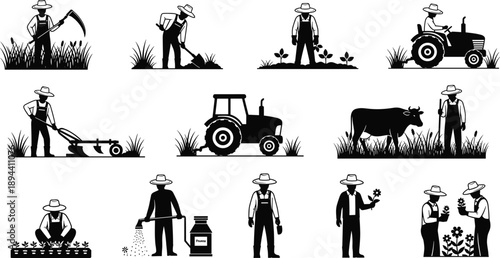 Set of black farmer silhouettes showing traditional agriculture activities, tractors, livestock care, planting, harvesting, rural farming workflow icons isolated on white background