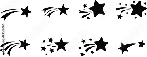 Set of black shooting star icons and meteor symbols, minimalist celestial design elements isolated on white background, perfect for logos, decorations, branding, and graphic design projects