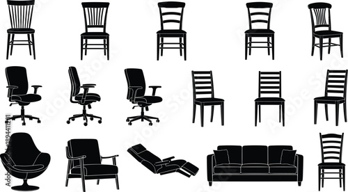 Set of modern furniture silhouettes including chairs, office chairs, armchairs, sofa and lounge seating, minimalist black vector icons isolated on white background