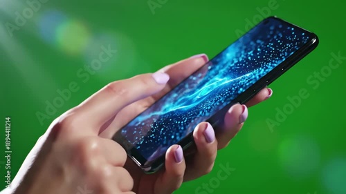 Wallpaper Mural Green Screen holding hand a mobile smartphone blue scene 4 with distortion, overlay, glitch, static noise, scan lines on black background, 4k animated video loop Torontodigital.ca