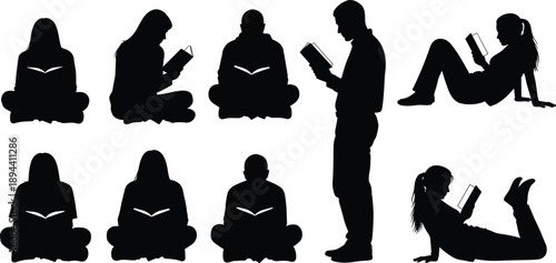Silhouette collection of people reading books in different sitting and standing poses, education concept, learning habits, literacy, study lifestyle isolated on white background