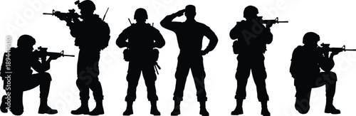 Silhouette of armed military soldiers in combat poses, special forces team with rifles, tactical stance, security, defense, army concept isolated on white background