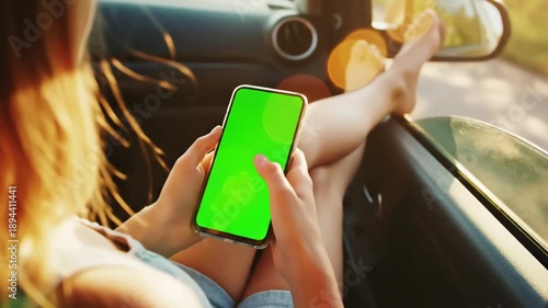 Wallpaper Mural Green Screen the girl in front seat of car is sitting with a phone her feet out window top view woman s hands chromakey scene 4 distortion, overlay, glitch, static noise, scan lines on black Torontodigital.ca