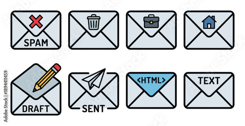 A vector illustration showing email folder types like spam, trash, briefcase, home, draft, sent, html, text.