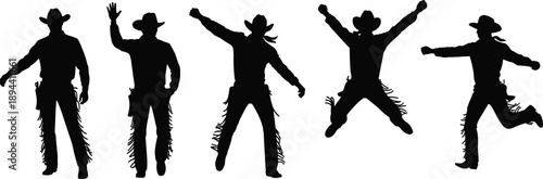 Silhouette set of cowboy man jumping and dancing in different poses, western country lifestyle concept, isolated black figures on white background