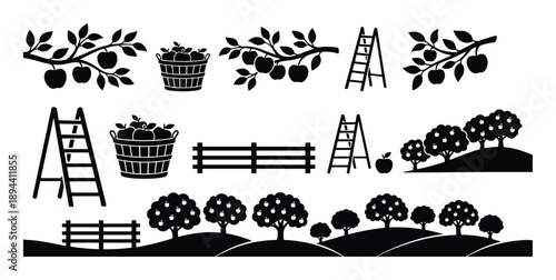 Apple orchard silhouette features branches, ladders, and fences in a vector illustration of garden scenery.