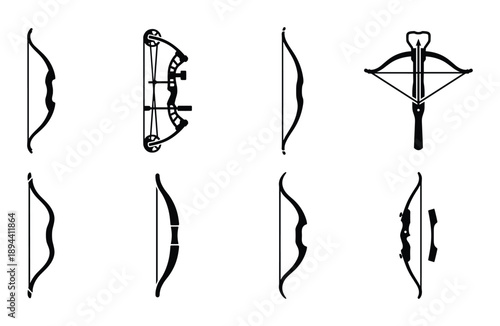 Archery bows set. Recurve, compound bow and crossbow glyph icons. Sport equipment black silhouettes.