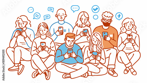 Vector illustration of a group of young people with gadget addiction using smartphones to communicate on social networks and chat: concept of digital generation and online communication