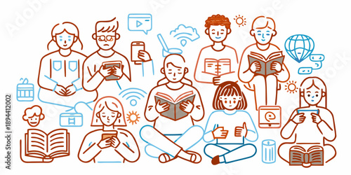 Vector illustration of a group of students and young people reading paper books and using smartphones: concept of modern education, self-development, hybrid learning and digital technologies