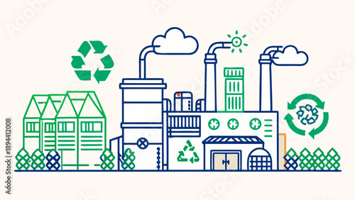 Sustainable Green Factory Concept: Eco-Friendly Industry with Recycling Symbols and Clean Energy Technology