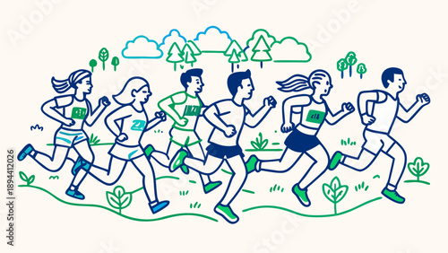 Healthy lifestyle and team spirit: a group of people participating in a marathon against a natural backdrop in line art style