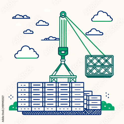 Vector linear illustration of sea cargo port with crane loading containers, global logistics, export and commercial transportation concept