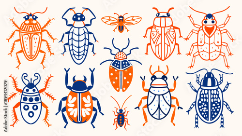 A collection of various bugs and insects in a linear style