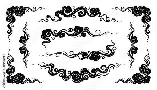 Asian clouds patterns set. Chinese or japanese style, borders, frames, ornaments for decoration.