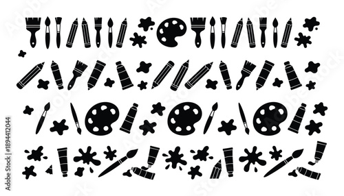 Artistic design featuring paintbrushes, pencils, palette, and splatters in black silhouette patterns.