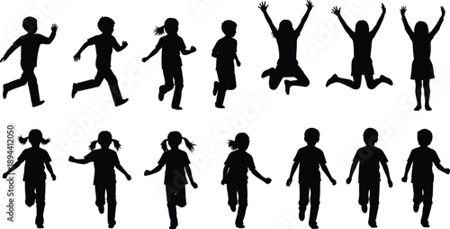 Silhouettes of playful children jumping, running and dancing together, joyful kids action poses isolated on white background, childhood energy, fun, freedom and happiness concept