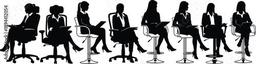 Silhouettes of professional business people sitting on office chairs in a row, corporate meeting concept, recruitment interview, teamwork, leadership, modern workplace illustration