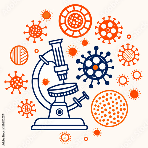 Line vector illustration of a laboratory microscope surrounded by viruses and bacteria, concept of scientific research, virology and medical analysis
