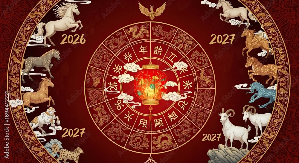 Obraz premium Chinese Zodiac signs with a festive lantern in the center, and numbers representing future years. Each zodiac sign is exquisitely crafted within a gold border