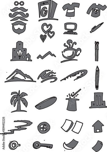Hand drawn black vector icon set with simple sketches of food tools travel music and construction symbols