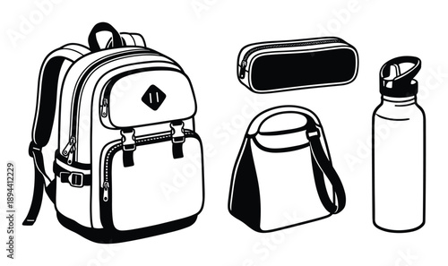 Back to school accessories. Backpack, pencil case, lunch bag, bottle illustration vector set.