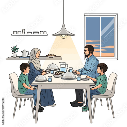 A Muslim family, including parents and two sons, shares a meal at a dining table in their home, illuminated by a hanging lamp, with a window showing the evening sky.