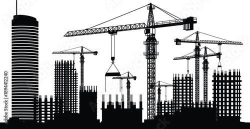 Urban construction skyline silhouette with tower cranes and high rise buildings, modern city development concept, industrial architecture background, infrastructure growth illustration
