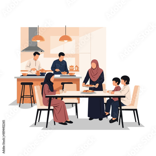 A Muslim family preparing and enjoying a meal together in a modern kitchen and dining room setting.