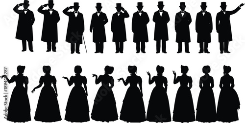 Victorian era men and women silhouettes set, elegant gentleman and lady poses, vintage fashion figures, classic black costume outlines isolated on white background