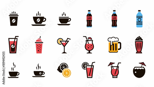 Collection of Beverage Icons in Various Styles.