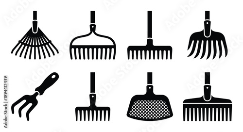 Black and white collection of rake types glyph icons. Includes leaf, bow, garden fork, and lawn rakes