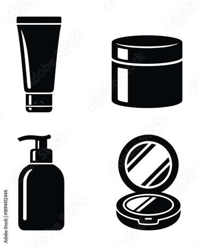 Black and white cosmetic containers icons: tube, jar, bottle, powder case for skincare and makeup.