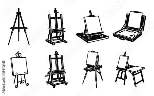 Black and white glyph art of various easel types. Studio easels, display easels, and painting easels.