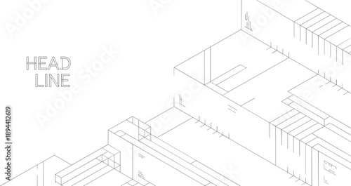 Minimalist isometric architectural blueprint with clean lines and geometric shapes on a white background