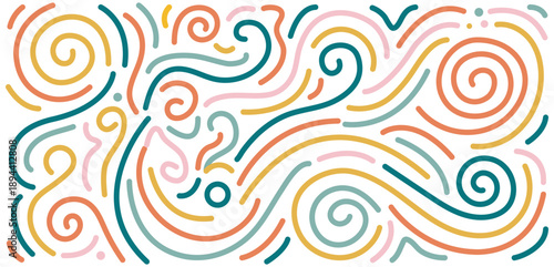 Abstract Colorful Line Pattern with Hand Drawn Swirls, Modern Organic Doodle Background, Minimal Illustration design.